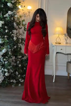 Serina Fringe Trim Mermaid Maxi Dress-Red