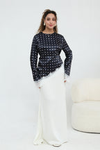Zahra Polka Dot Lace Trim Satin Blouse-Black