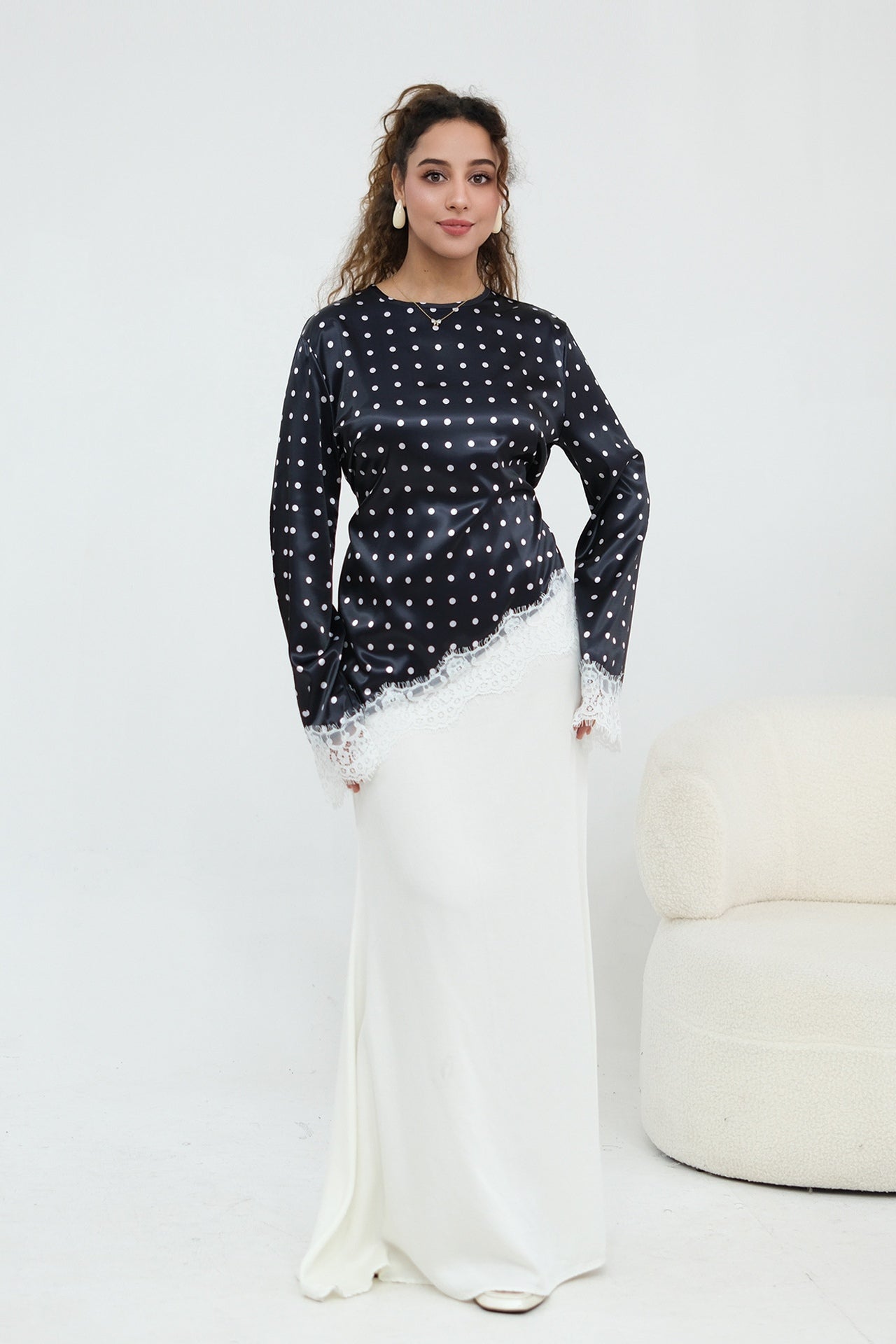 Zahra Polka Dot Lace Trim Satin Blouse-Black