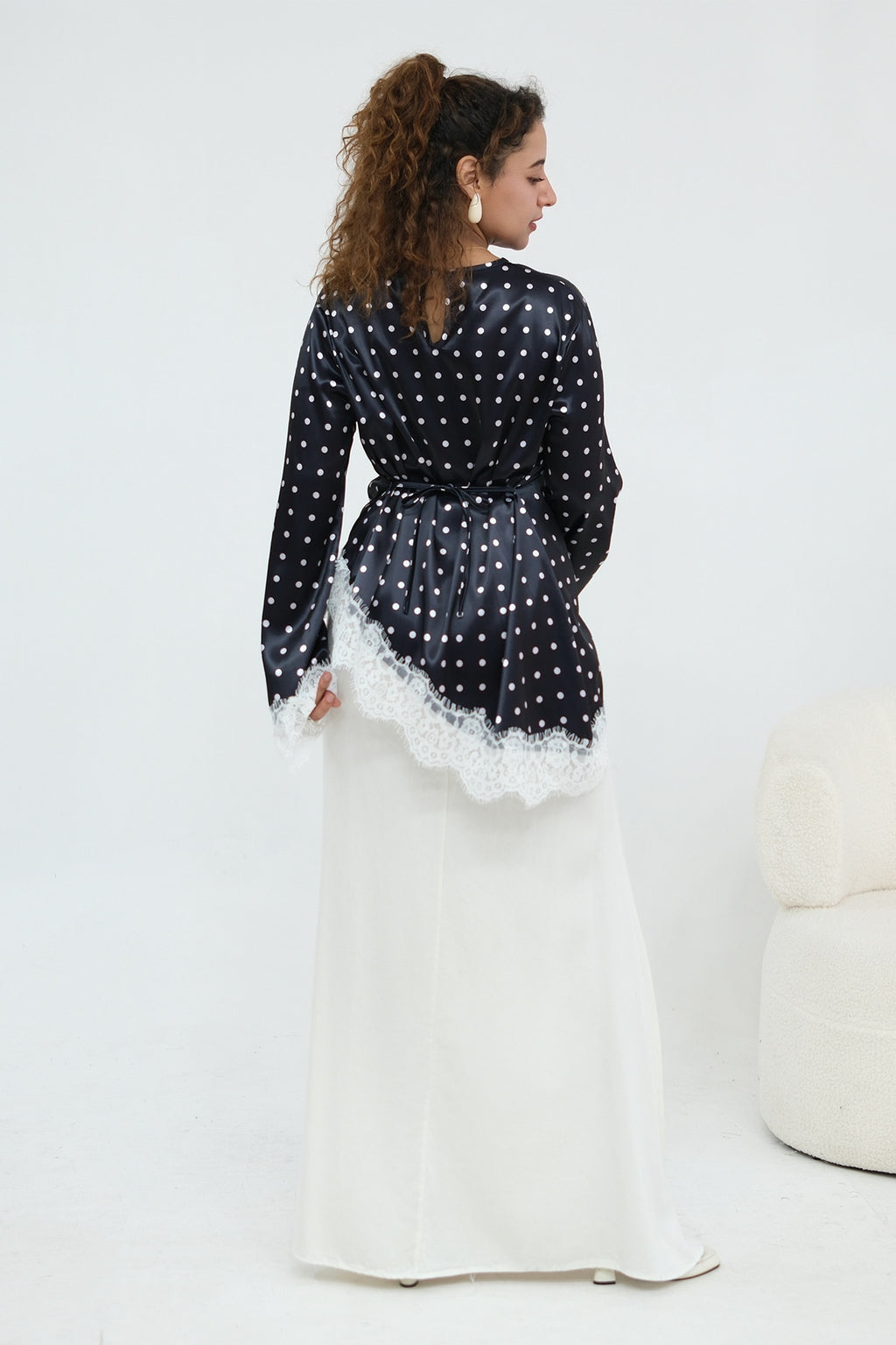 Zahra Polka Dot Lace Trim Satin Blouse-Black
