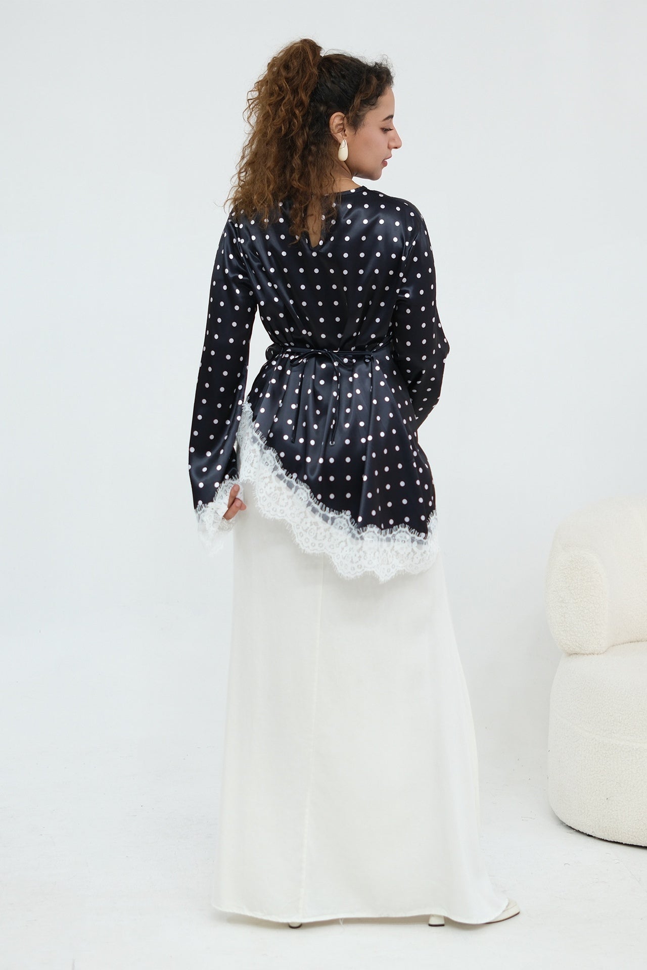 Zahra Polka Dot Lace Trim Satin Blouse-Black