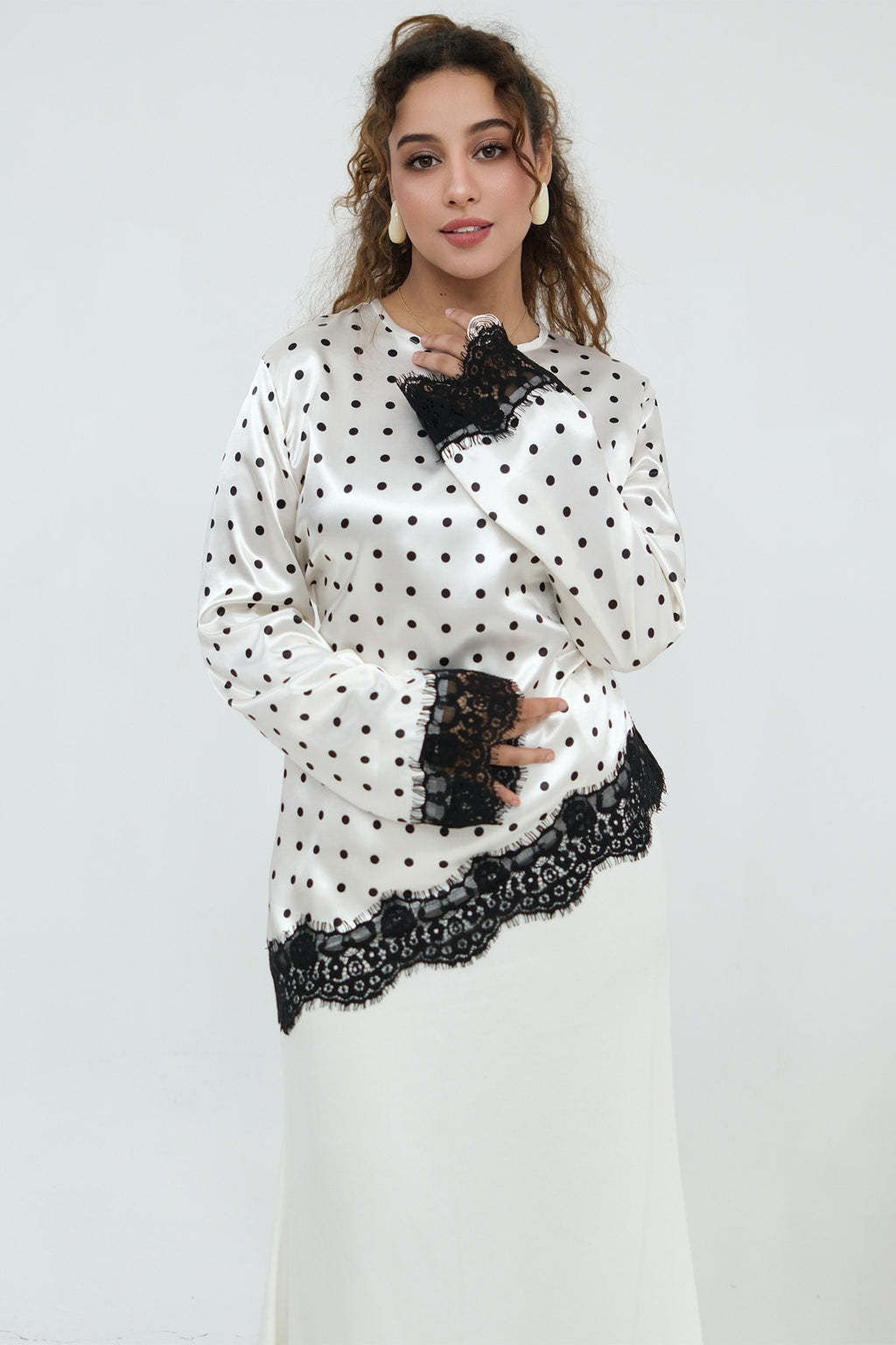 Zahra Polka Dot Lace Trim Satin Blouse-White