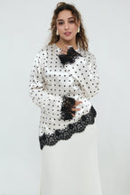 Zahra Polka Dot Lace Trim Satin Blouse-White