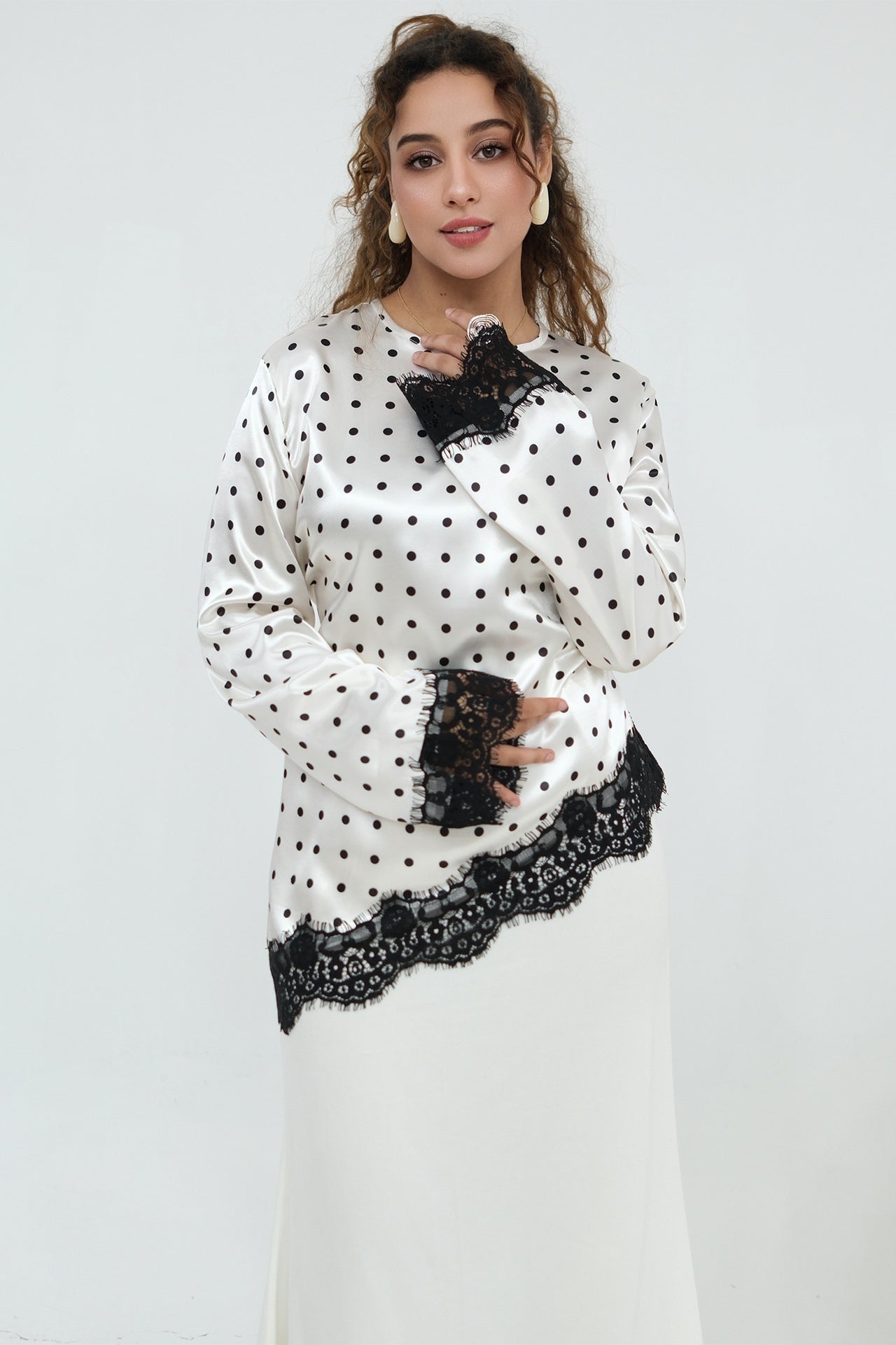 Zahra Polka Dot Lace Trim Satin Blouse-White
