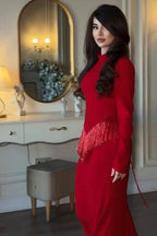 Serina Fringe Trim Mermaid Maxi Dress-Red