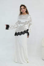 Zahra Polka Dot Lace Trim Satin Blouse-White