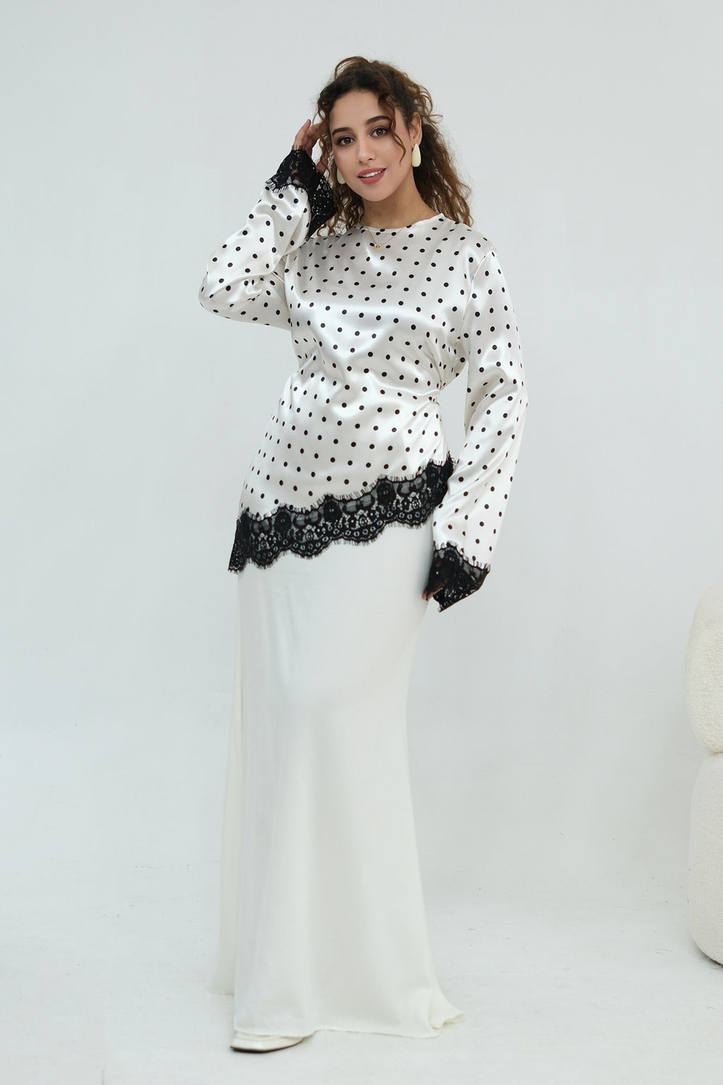 Zahra Polka Dot Lace Trim Satin Blouse-White