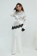 Zahra Polka Dot Lace Trim Satin Blouse-White