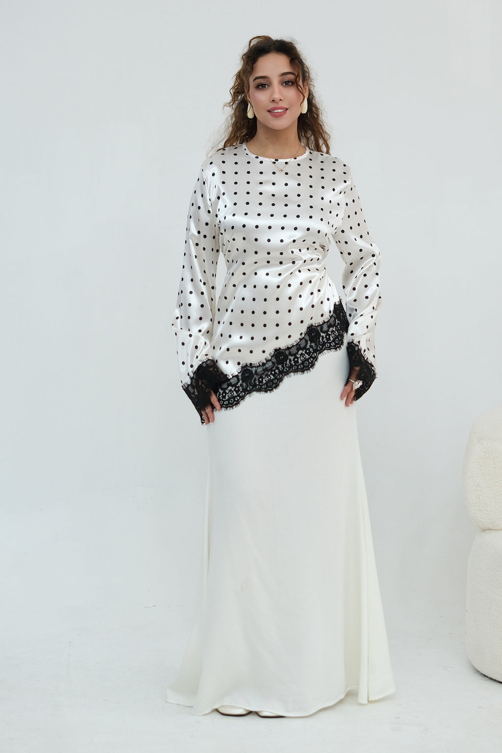 Zahra Polka Dot Lace Trim Satin Blouse-White