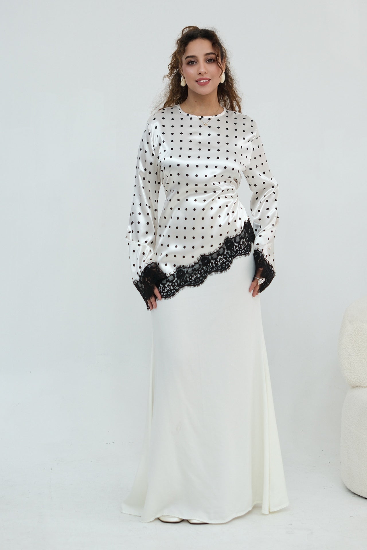 Zahra Polka Dot Lace Trim Satin Blouse-White