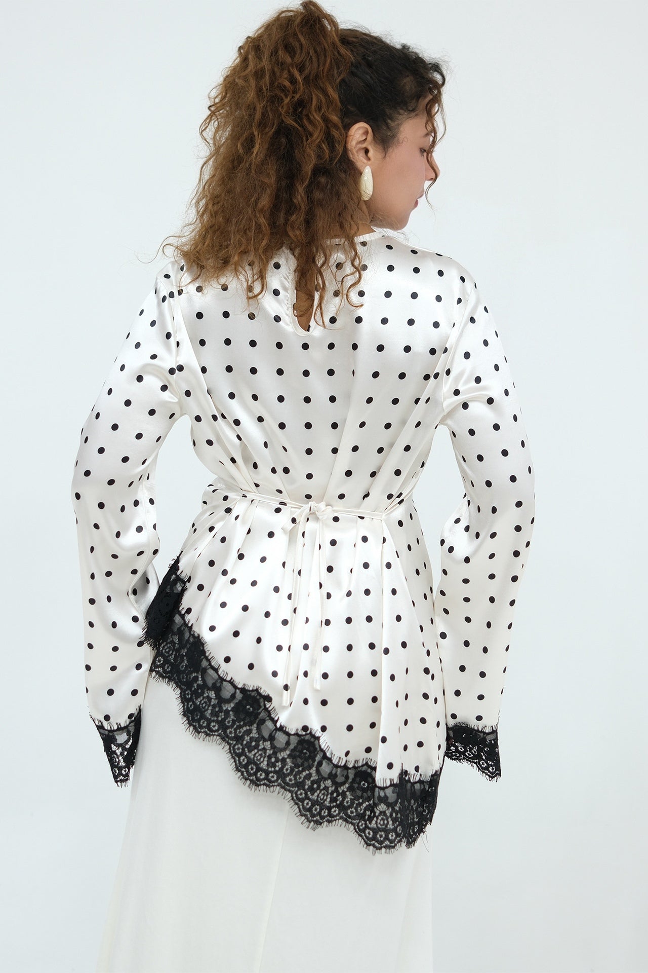 Zahra Polka Dot Lace Trim Satin Blouse-White