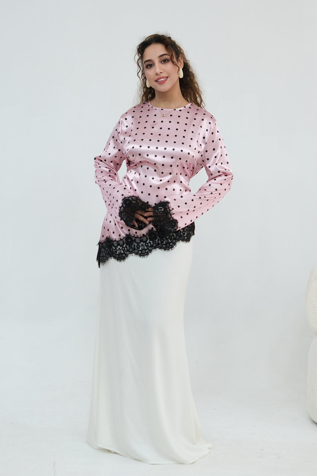 Zahra Polka Dot Lace Trim Satin Blouse-Pink