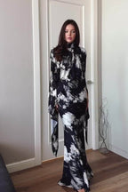 Maya Tie Neck Abstract Print Flare Sleeve Maxi Dress