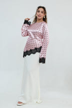 Zahra Polka Dot Lace Trim Satin Blouse-Pink