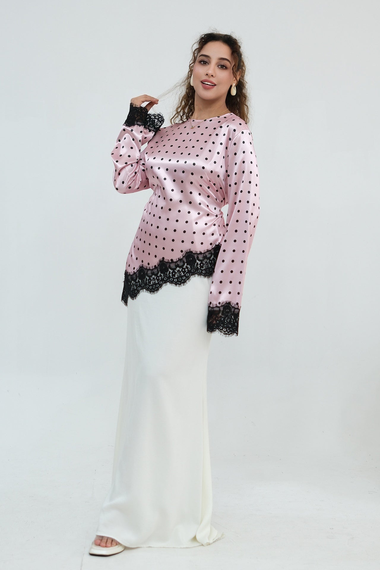 Zahra Polka Dot Lace Trim Satin Blouse-Pink