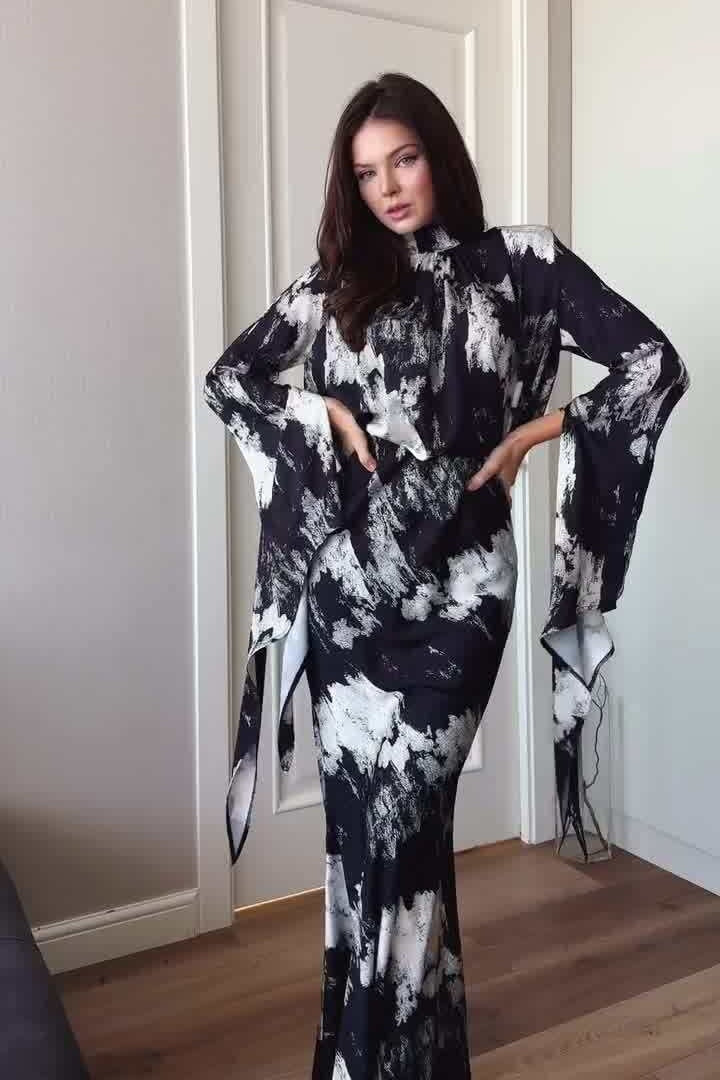 Maya Tie Neck Abstract Print Flare Sleeve Maxi Dress