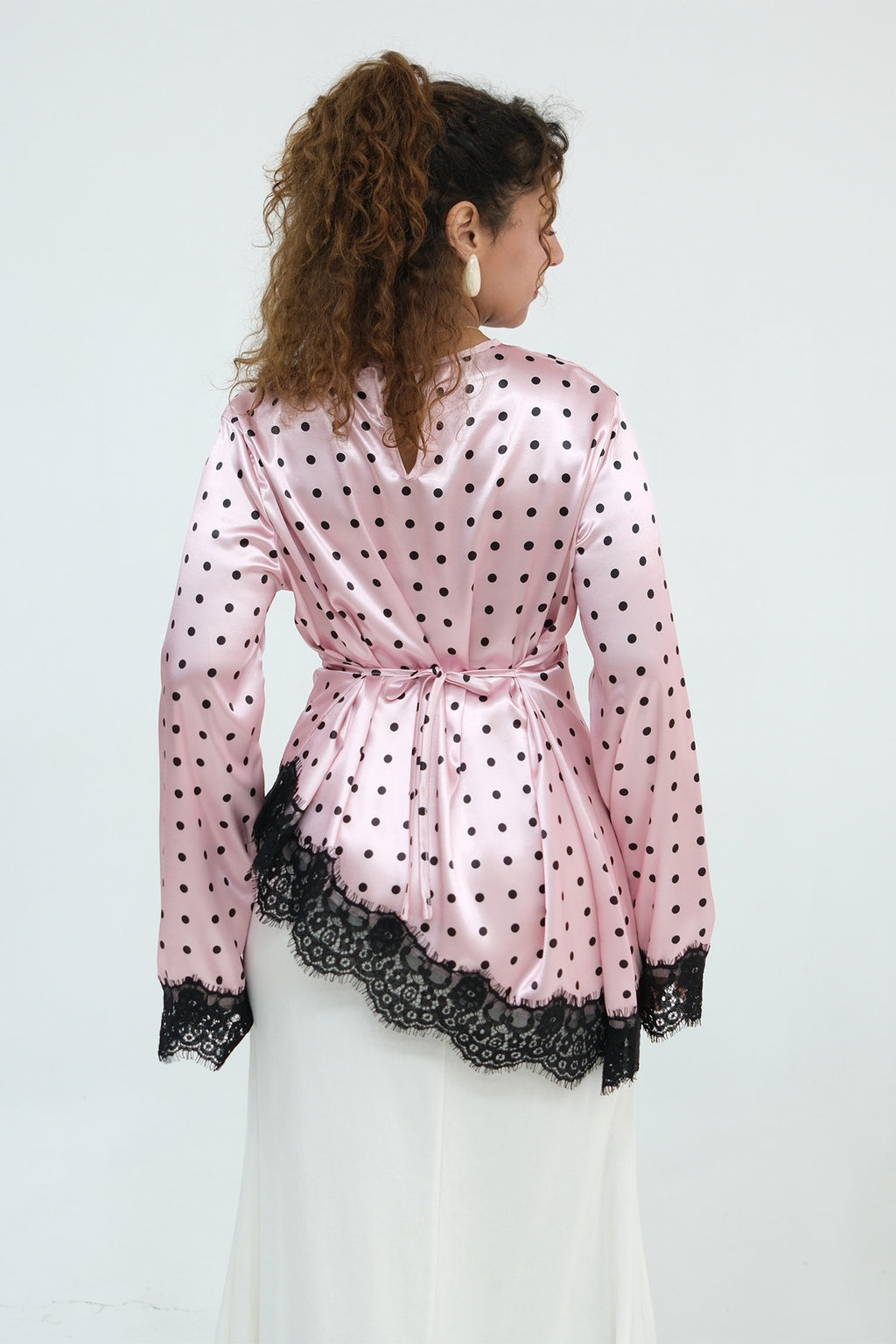 Zahra Polka Dot Lace Trim Satin Blouse-Pink