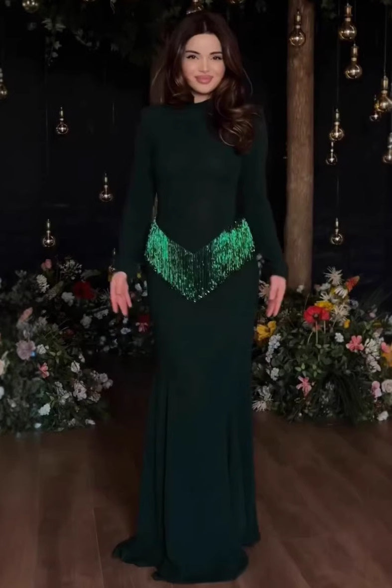 Serina Fringe Trim Mermaid Maxi Dress-Green