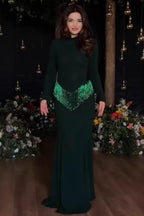 Serina Fringe Trim Mermaid Maxi Dress-Green