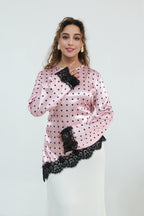 Zahra Polka Dot Lace Trim Satin Blouse-Pink