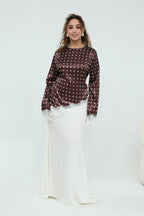 Zahra Polka Dot Lace Trim Satin Blouse-Coffee