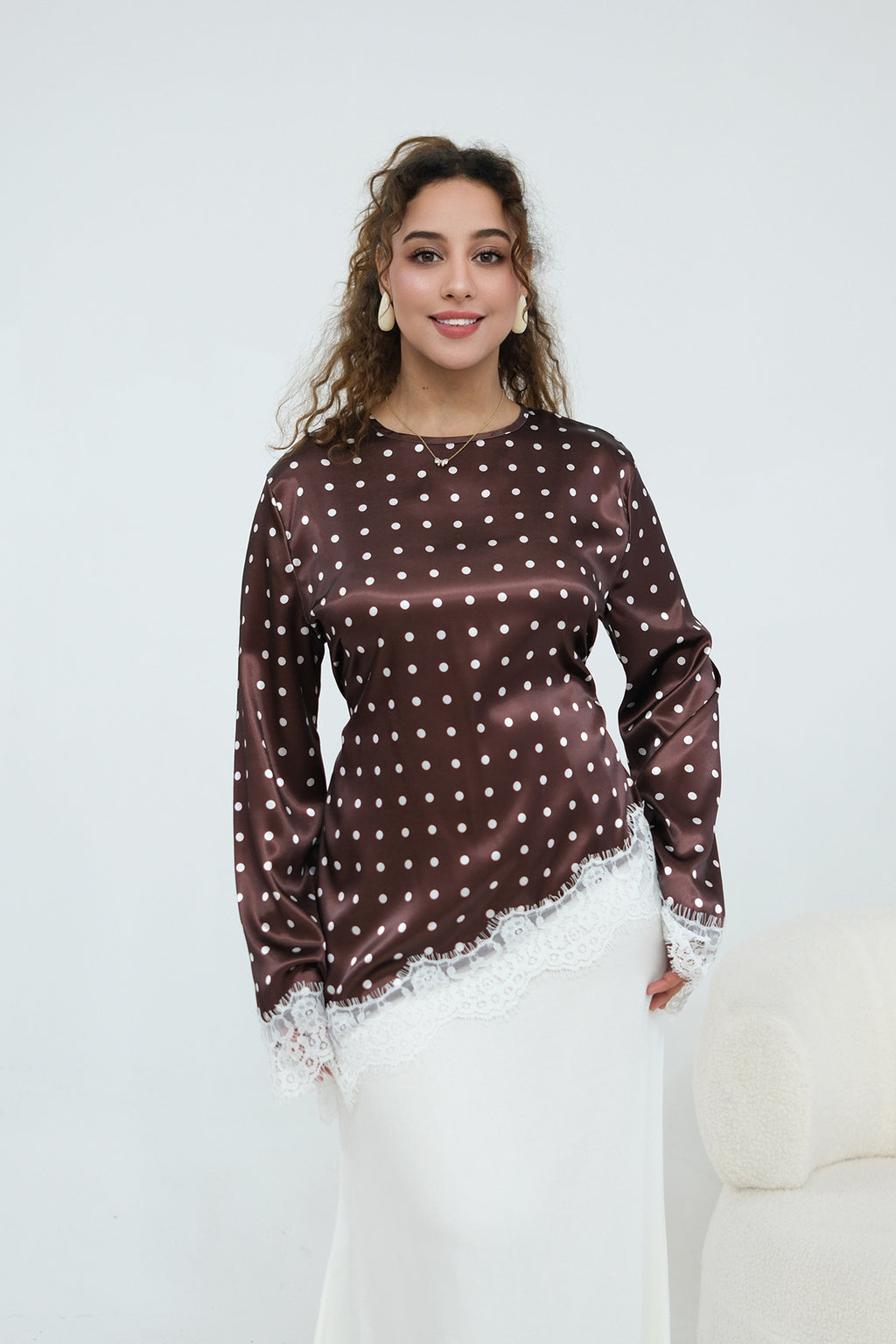 Zahra Polka Dot Lace Trim Satin Blouse-Coffee