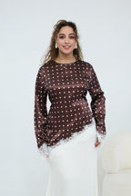 Zahra Polka Dot Lace Trim Satin Blouse-Coffee