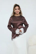 Zahra Polka Dot Lace Trim Satin Blouse-Coffee
