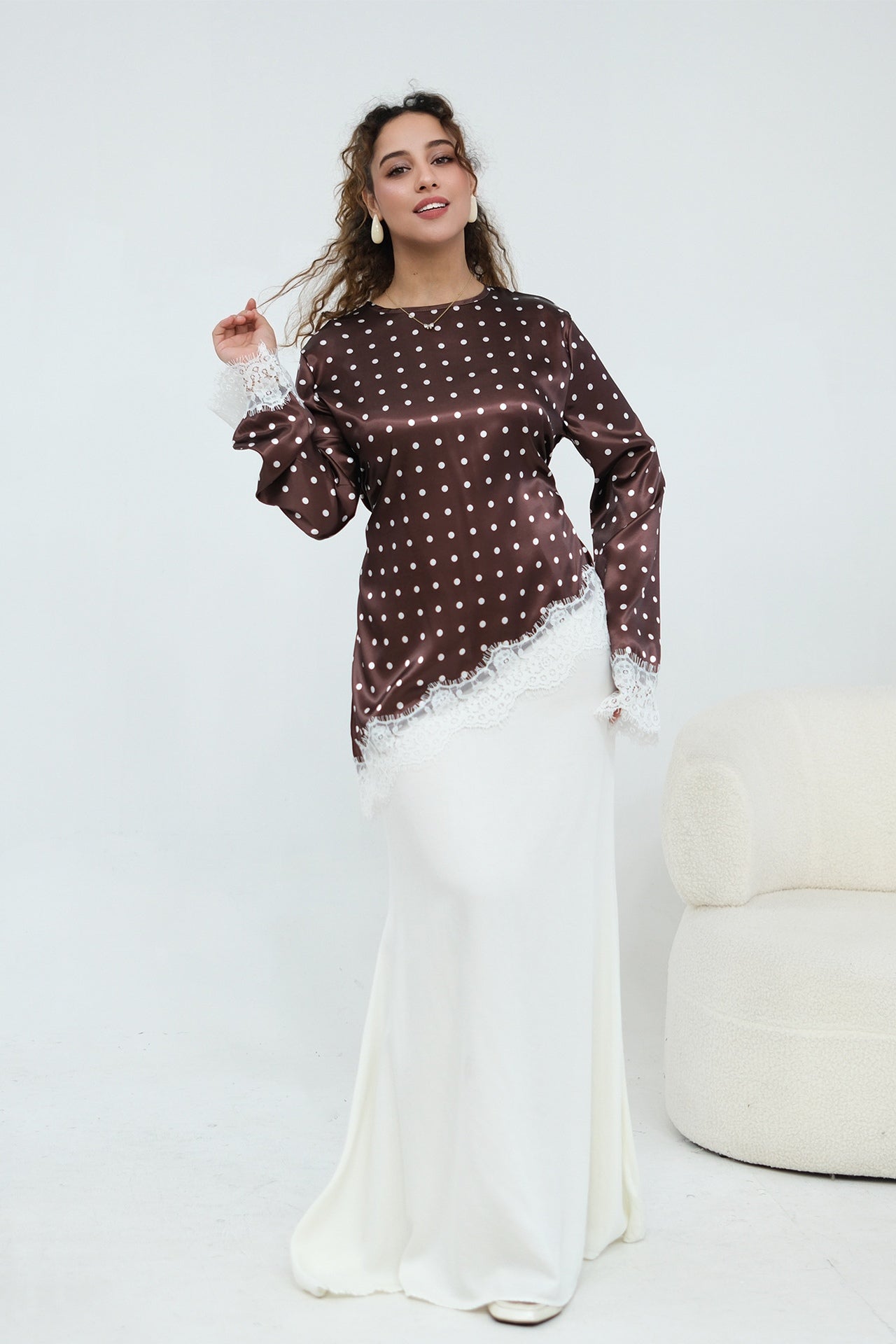 Zahra Polka Dot Lace Trim Satin Blouse-Coffee