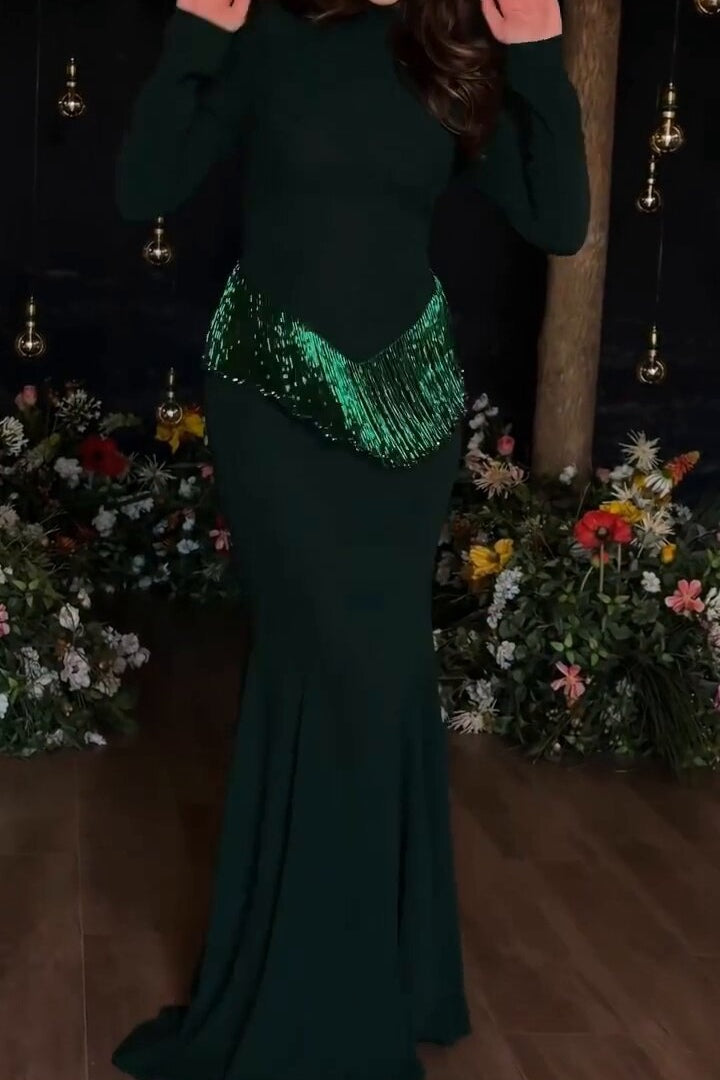Serina Fringe Trim Mermaid Maxi Dress-Green
