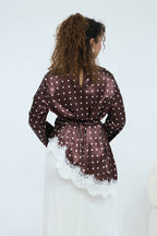 Zahra Polka Dot Lace Trim Satin Blouse-Coffee