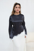 Zahra Polka Dot Lace Trim Satin Blouse-Black