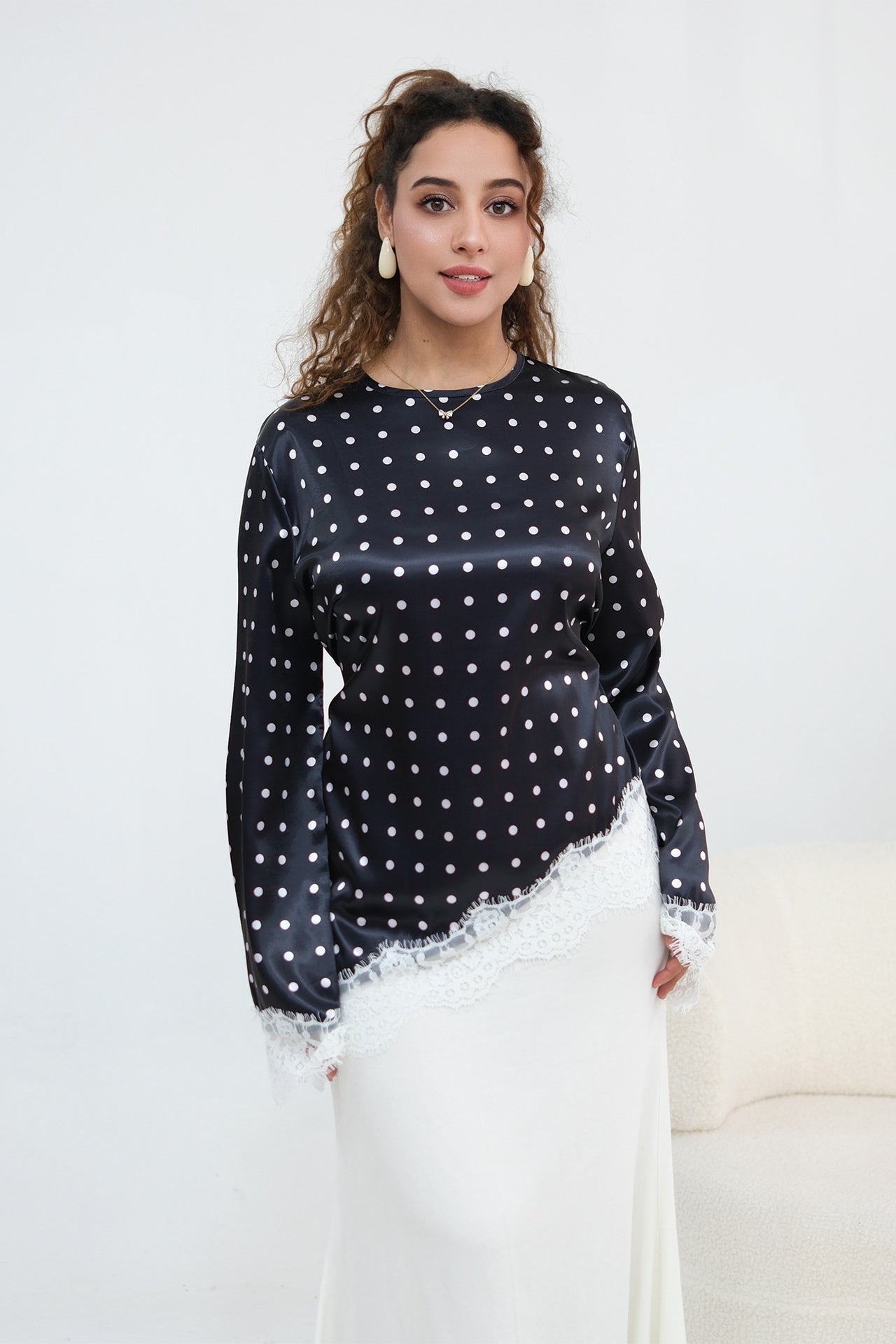 Zahra Polka Dot Lace Trim Satin Blouse-Black