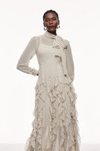 Polka Dot Mock-Neck Midi Dress-Apricot