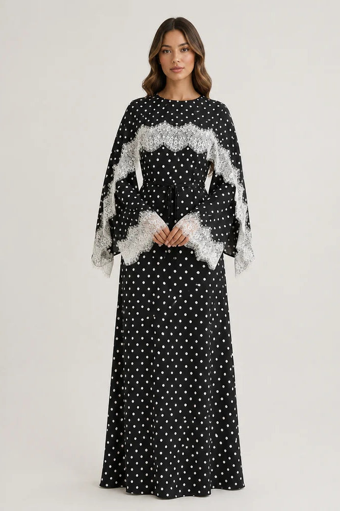Salma Polka Dot Lace Cape Sleeve Maxi Dress