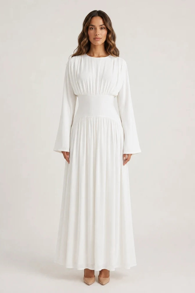 Iris Gathered Waist Flare Sleeve Maxi Dress-White