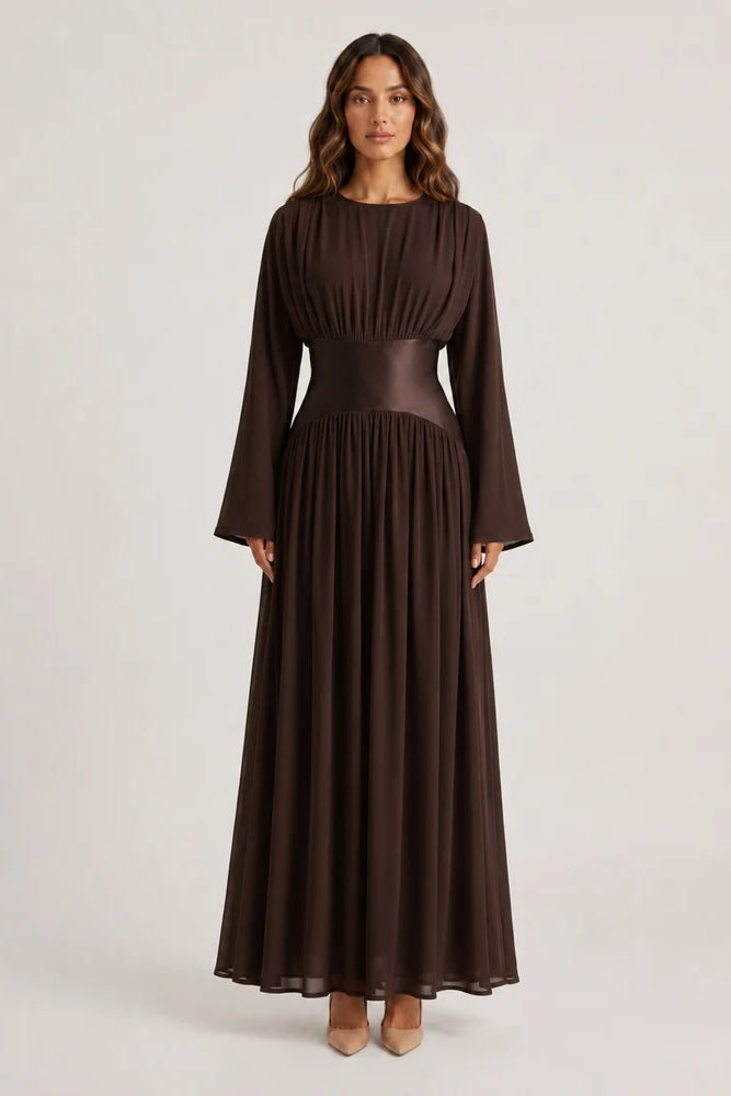 Iris Gathered Waist Flare Sleeve Maxi Dress-Coffee