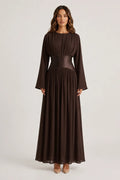 Iris Gathered Waist Flare Sleeve Maxi Dress-Coffee