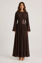 Iris Gathered Waist Flare Sleeve Maxi Dress-Coffee