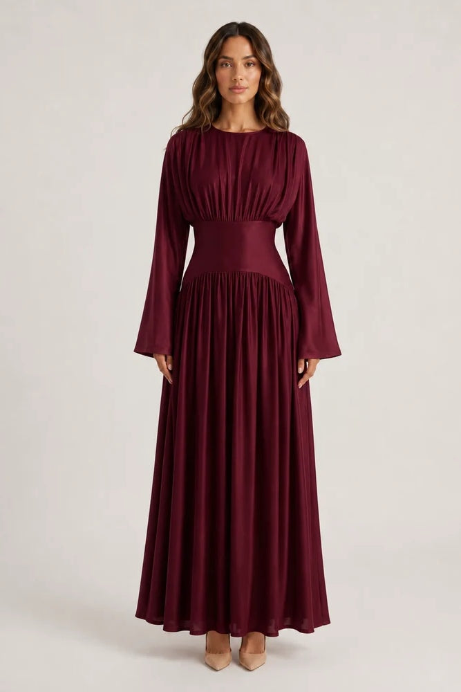 Iris Gathered Waist Flare Sleeve Maxi Dress-Wine