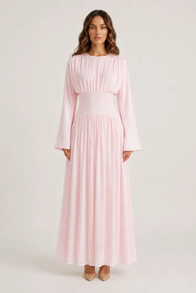 Iris Gathered Waist Flare Sleeve Maxi Dress-Pink