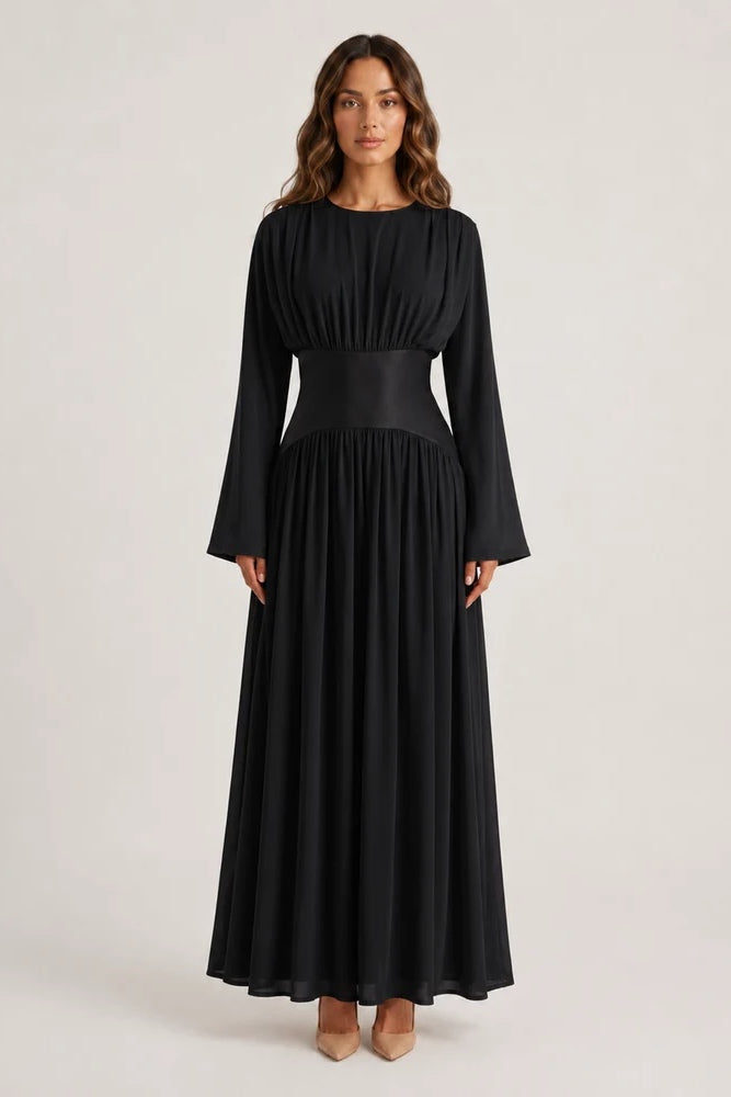 Iris Gathered Waist Flare Sleeve Maxi Dress-Black