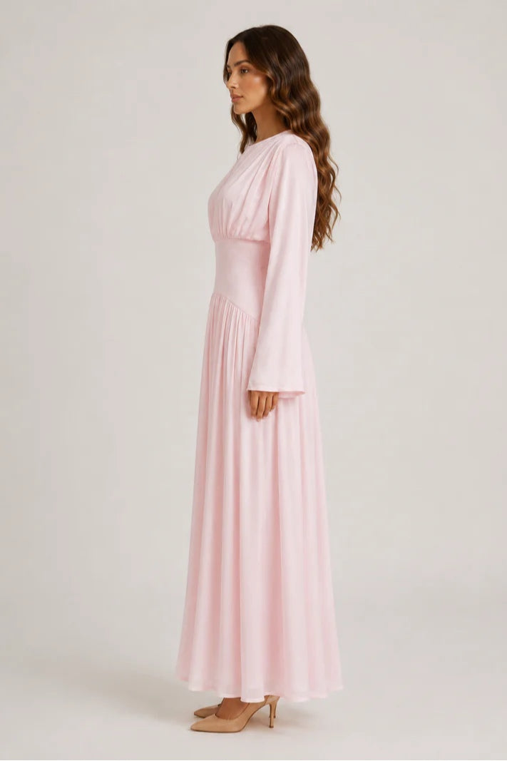 Iris Gathered Waist Flare Sleeve Maxi Dress-Pink