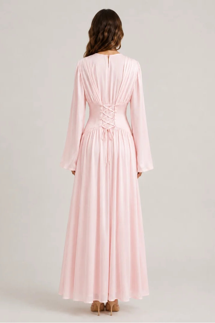 Iris Gathered Waist Flare Sleeve Maxi Dress-Pink