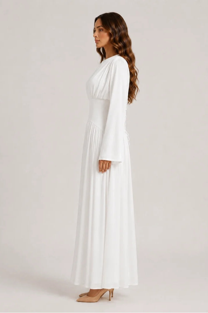 Iris Gathered Waist Flare Sleeve Maxi Dress-White