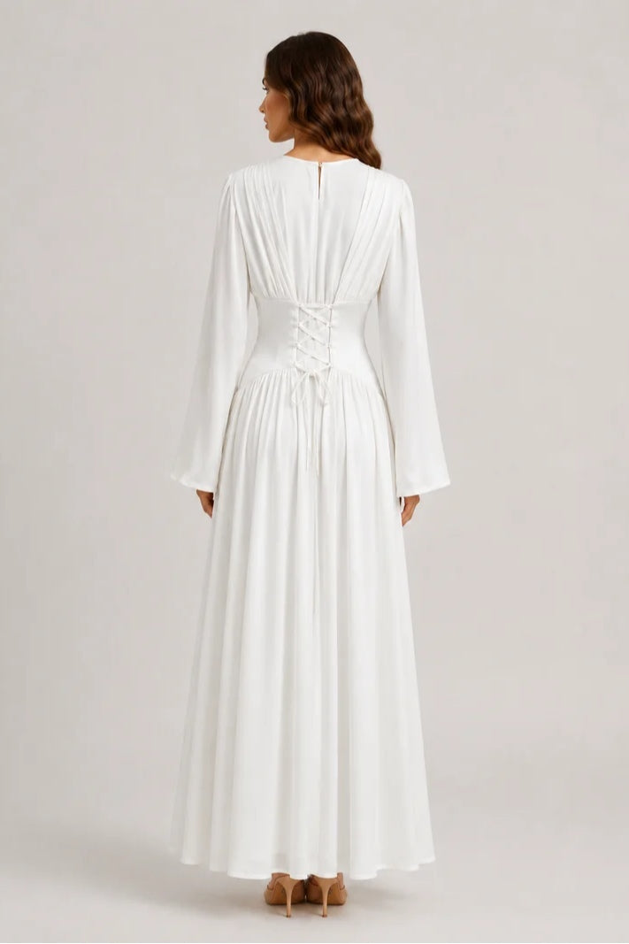 Iris Gathered Waist Flare Sleeve Maxi Dress-White
