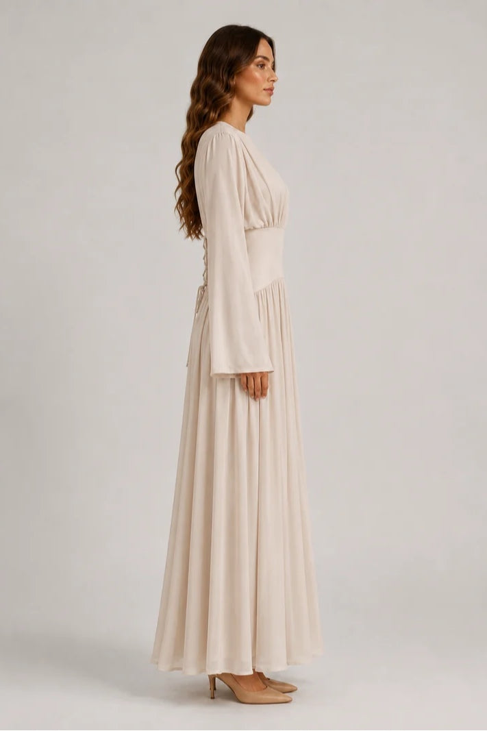 Iris Gathered Waist Flare Sleeve Maxi Dress-Apricot