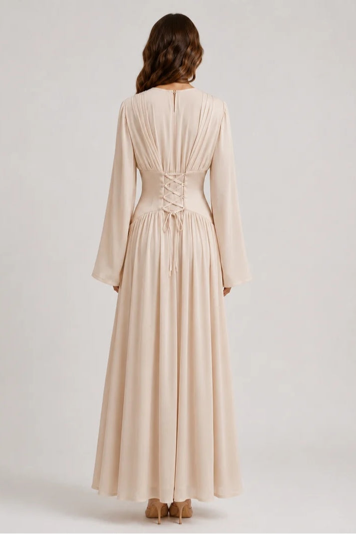 Iris Gathered Waist Flare Sleeve Maxi Dress-Apricot