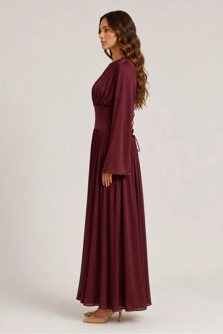 Iris Gathered Waist Flare Sleeve Maxi Dress-Wine