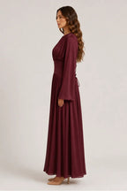 Iris Gathered Waist Flare Sleeve Maxi Dress-Wine
